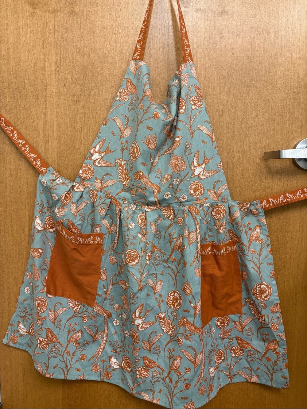World Market Apron Light Blue and Orange Floral Bird Apron with Pockets - Picture 2 of 10